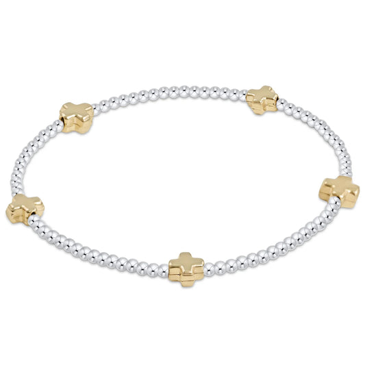 E Newton Signature Cross Small Sterling Mixed Metal Pattern 2mm Bead Bracelet - Gold