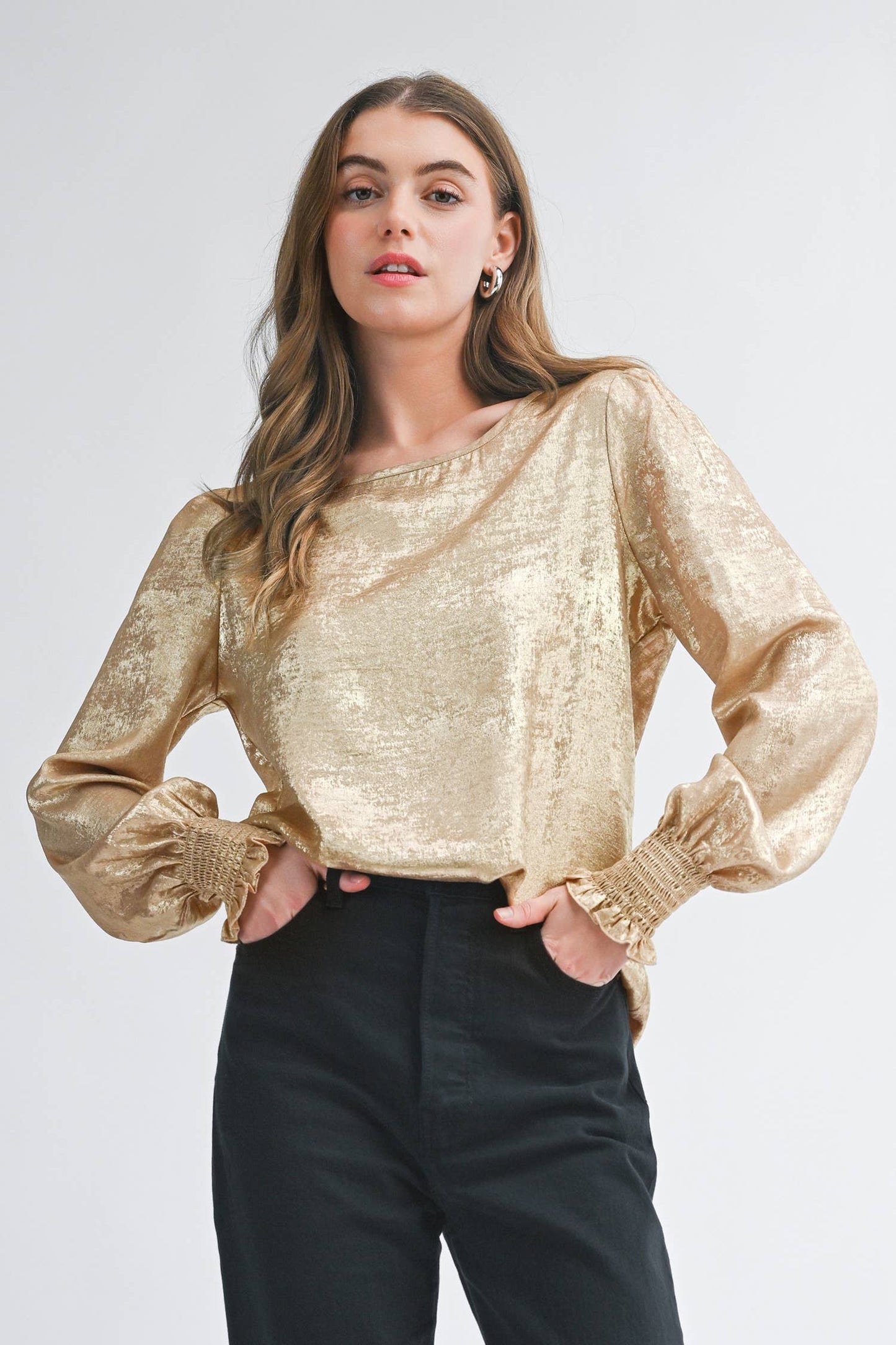 Metallic Round Neck Smocked Long Sleeve Blouse