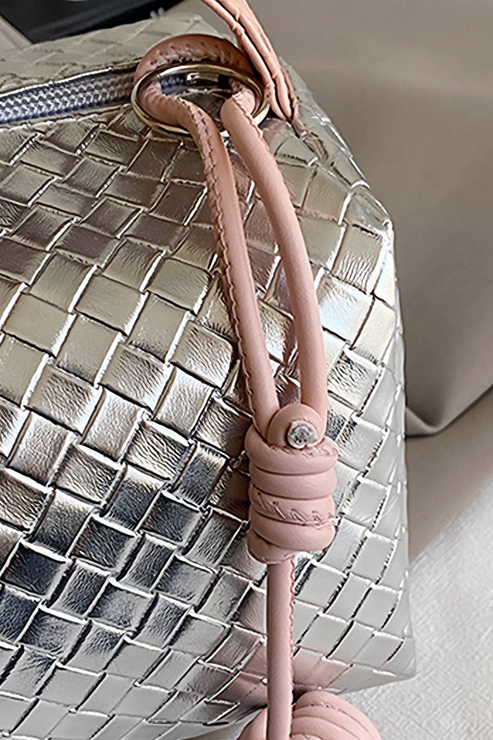 Silvery Lattice Ball Decor Weaven Handle Bag