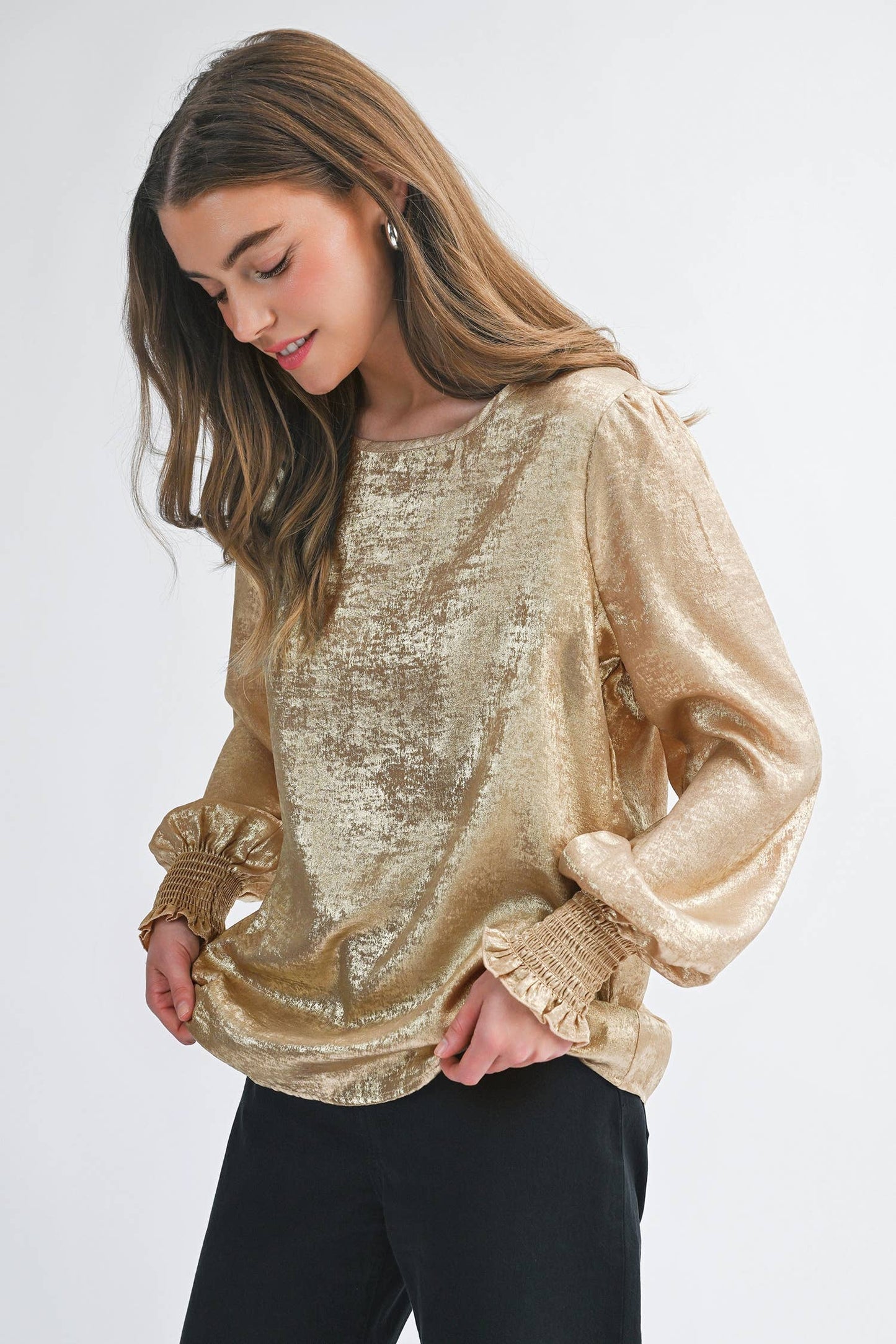 Metallic Round Neck Smocked Long Sleeve Blouse