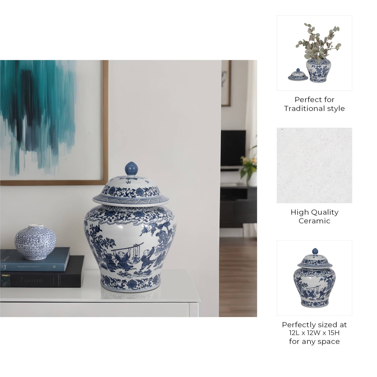 Decorative Jar - Blue Ceramic Blossoms Temple, 15 in.