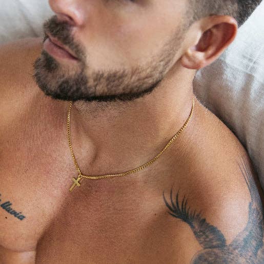 Small Cuban Chain Gold Stainless Steel Cross Necklace