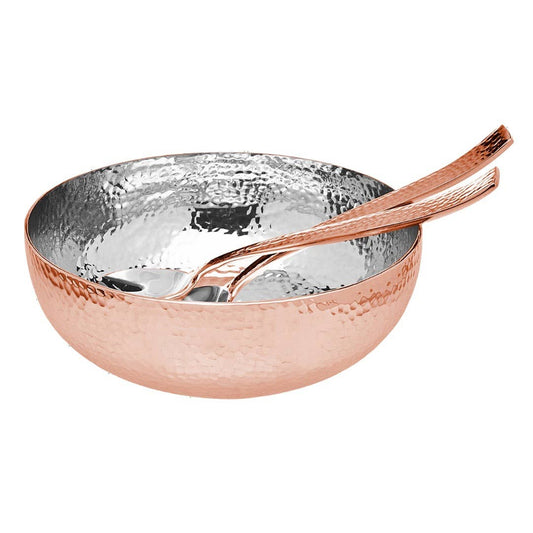 Copper Hammered Salad Bowl with Serving Spoon & Fork Set