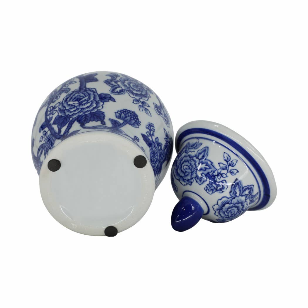 Decorative Jar - Blue Ceramic Chinoiserie Bird/Flower, 11 in
