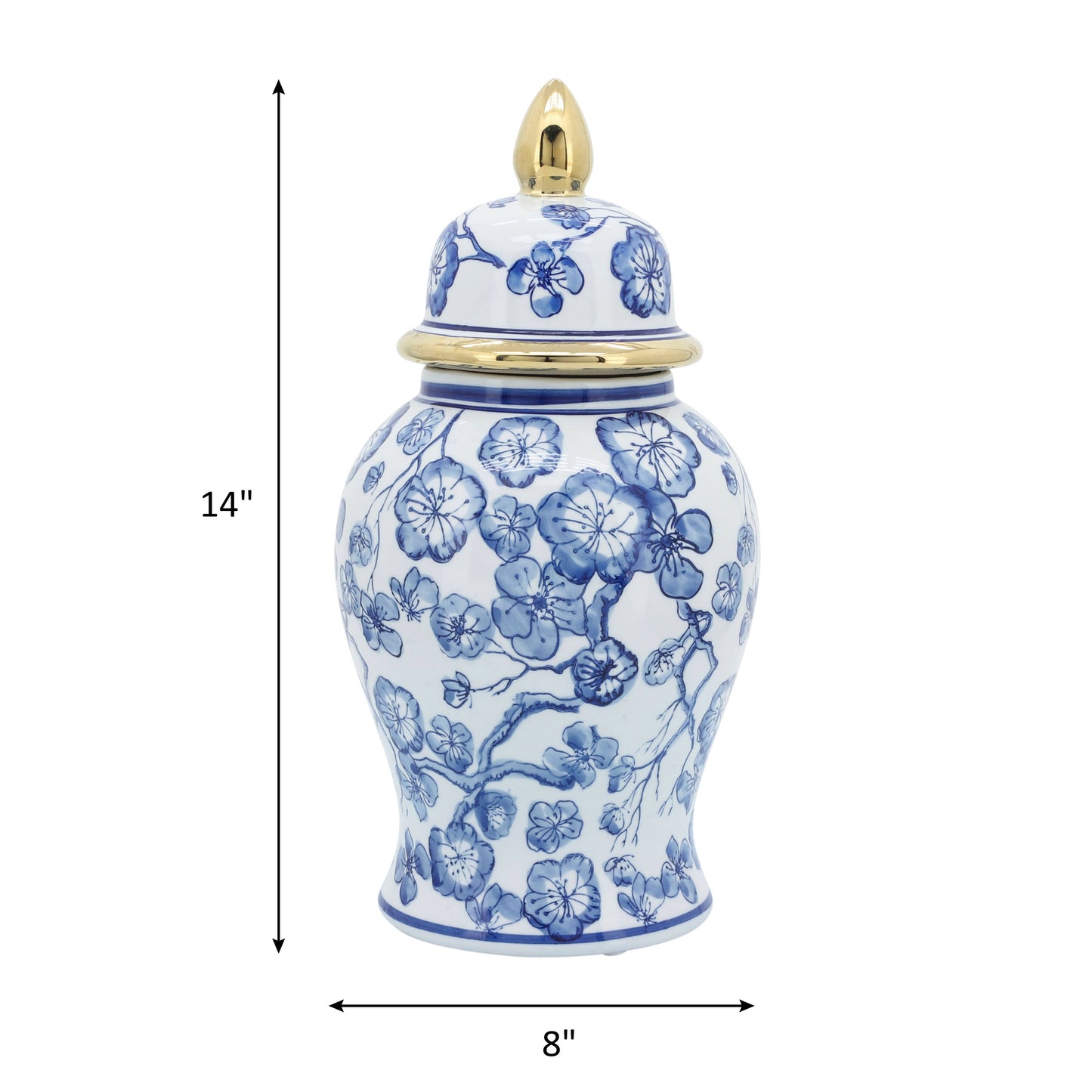 Decorative  Jar - Blue/White Ceramic Hibiscus Lidded, 15 in.