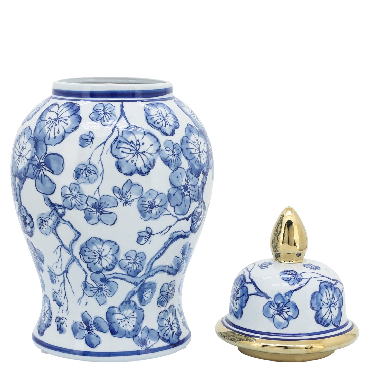 Decorative  Jar - Blue/White Ceramic Hibiscus Lidded, 15 in.