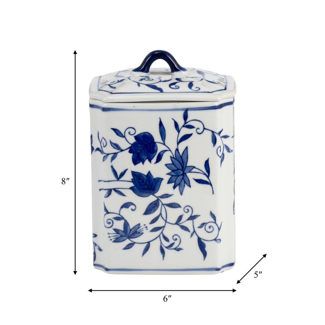 Decorative Jar - Blue Ceramic Chinoiserie Floral Lidded, 9in