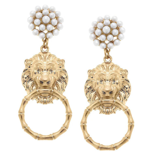 Pearl Cluster Lion Head Door Knocker Earrings