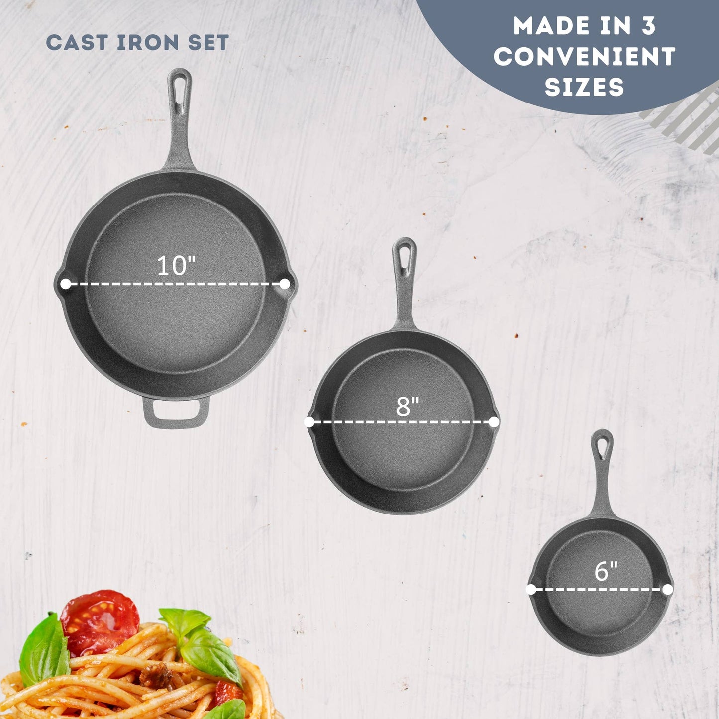 3 Piece Pre Seasoned Cast Iron Frying Pan Set- 6, 8, 10 Inch