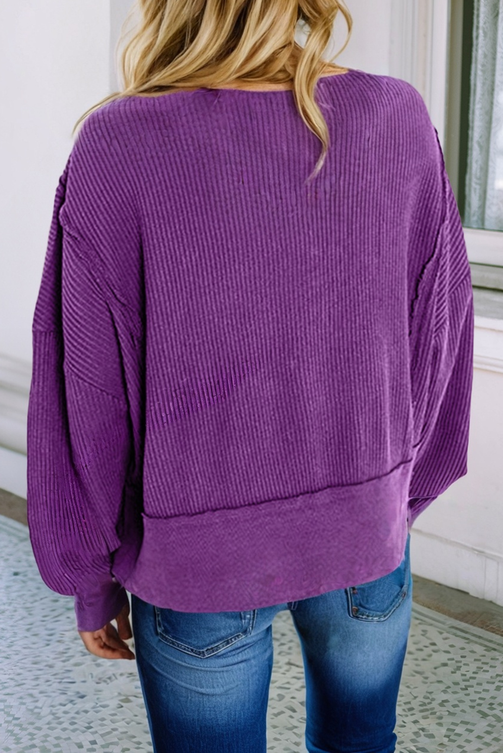 Purple Raw Seam Patchwork Ribbed Sweatshirt