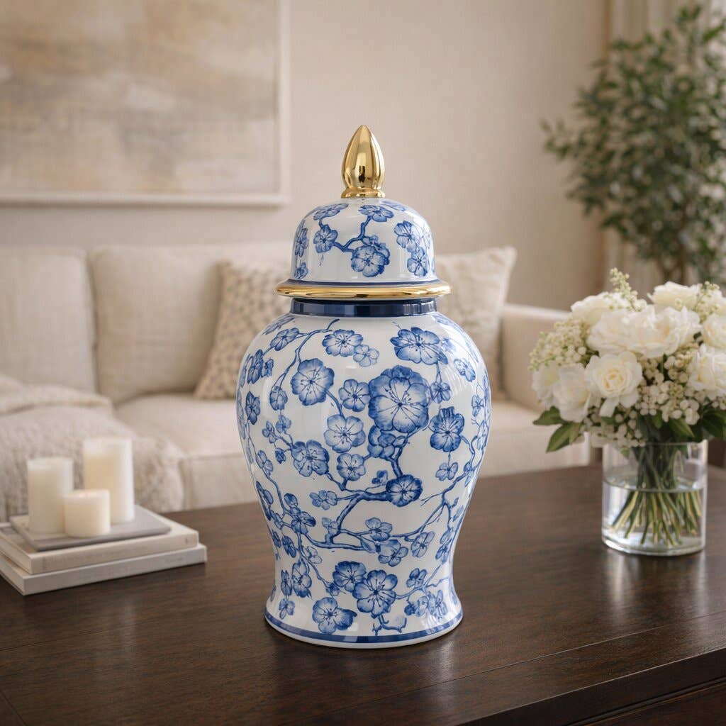 Decorative  Jar - Blue/White Ceramic Hibiscus Lidded, 15 in.