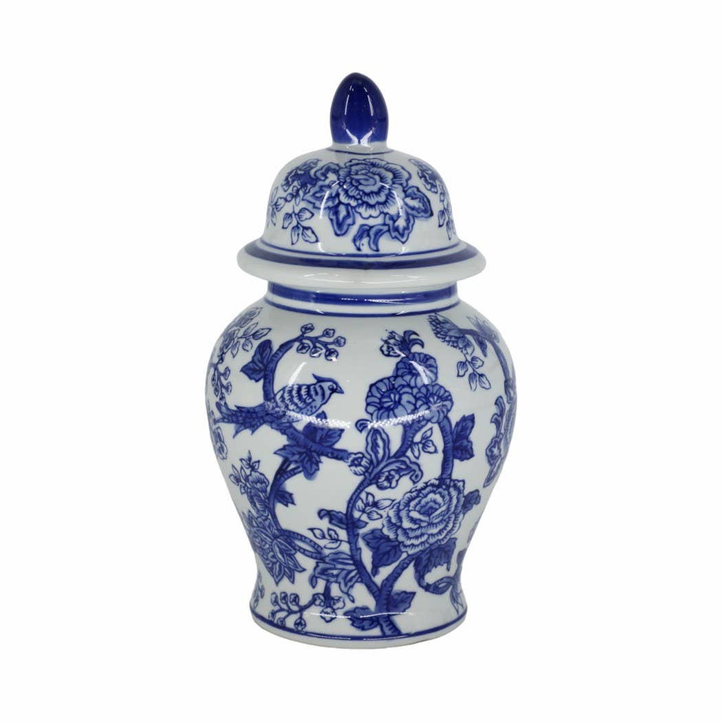 Decorative Jar - Blue Ceramic Chinoiserie Bird/Flower, 11 in