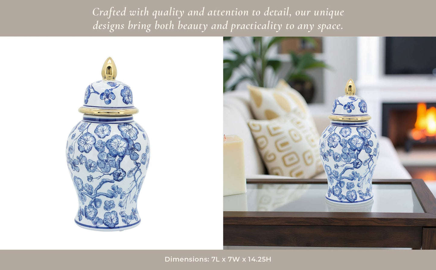 Decorative  Jar - Blue/White Ceramic Hibiscus Lidded, 15 in.