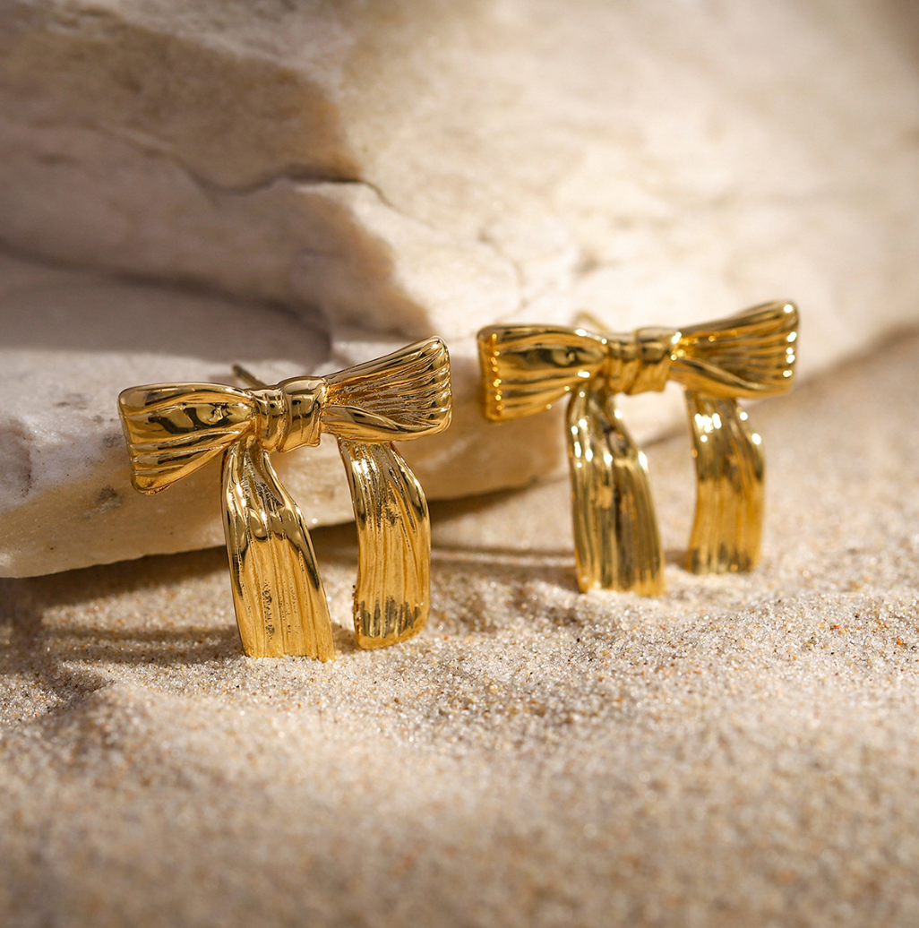 16K Gold Plated Hammered Stainless Steel Bow Earrings