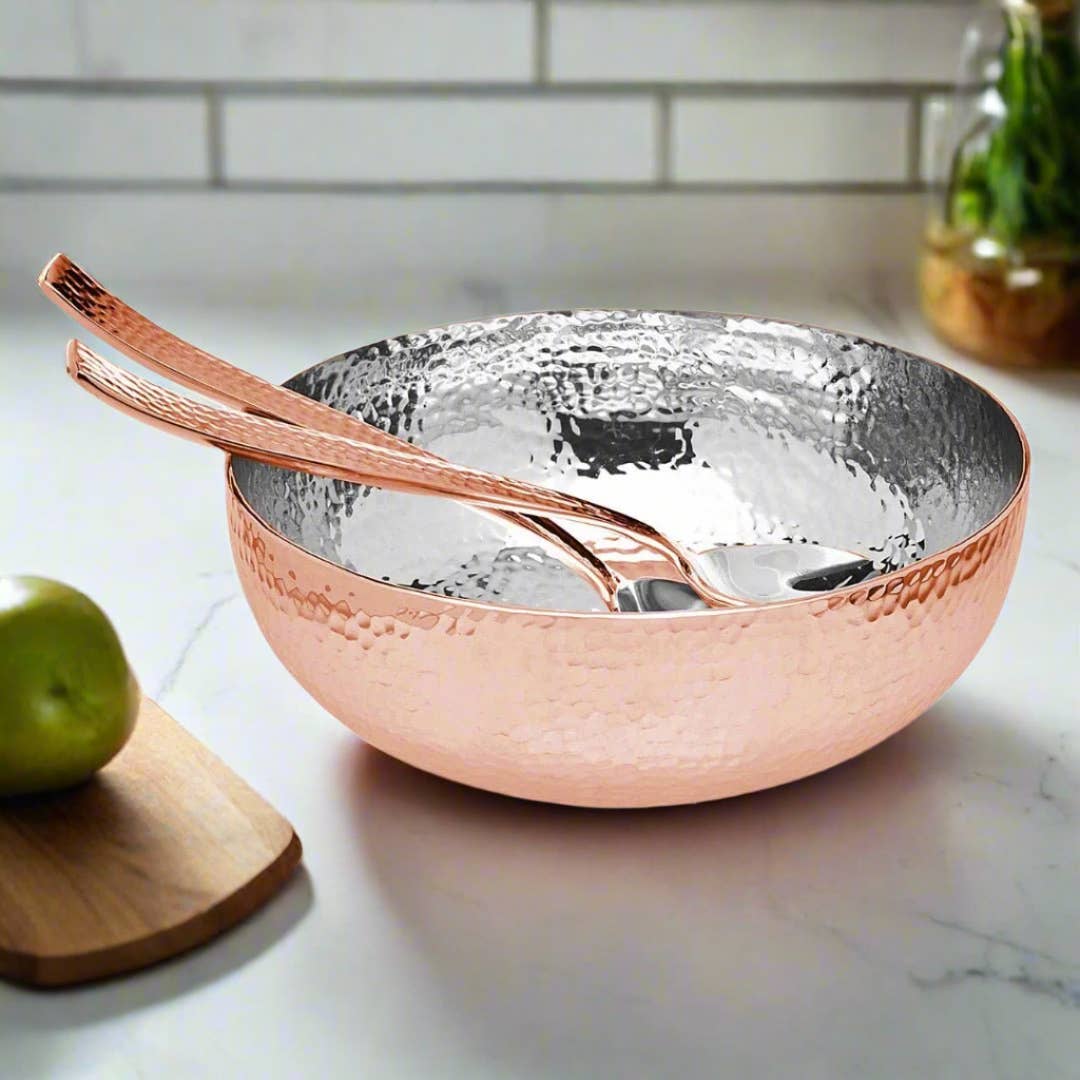Copper Hammered Salad Bowl with Serving Spoon & Fork Set