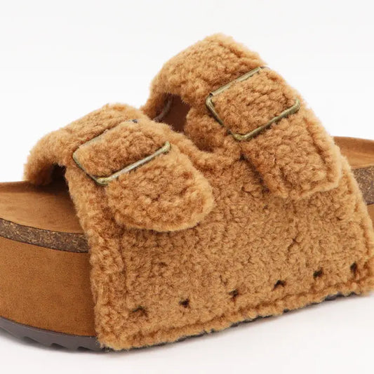 Bamboo Platform Fleece Strap Sandals (Burnout-25 Brown)