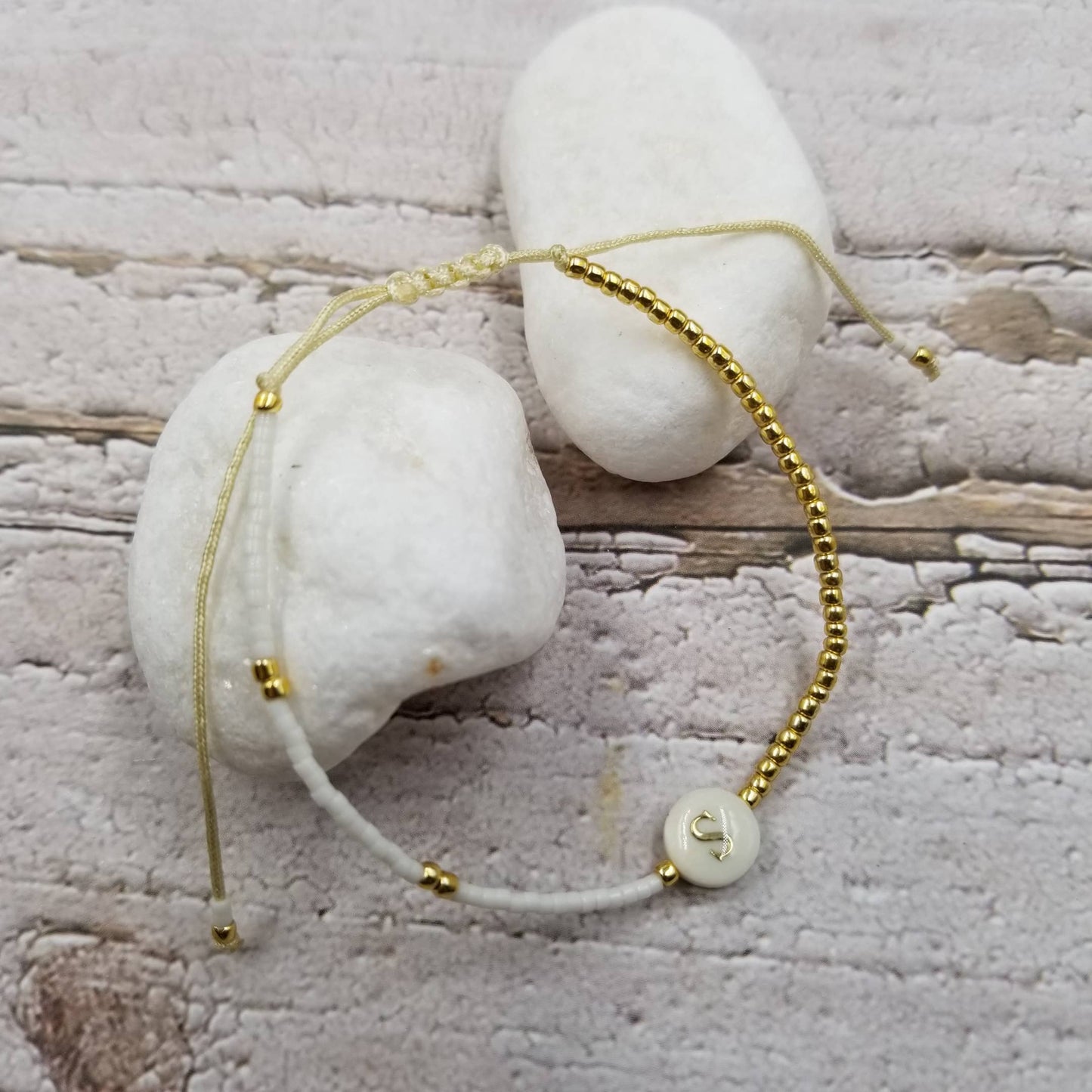 Natural Shell Initial Gold Seed Bracelet