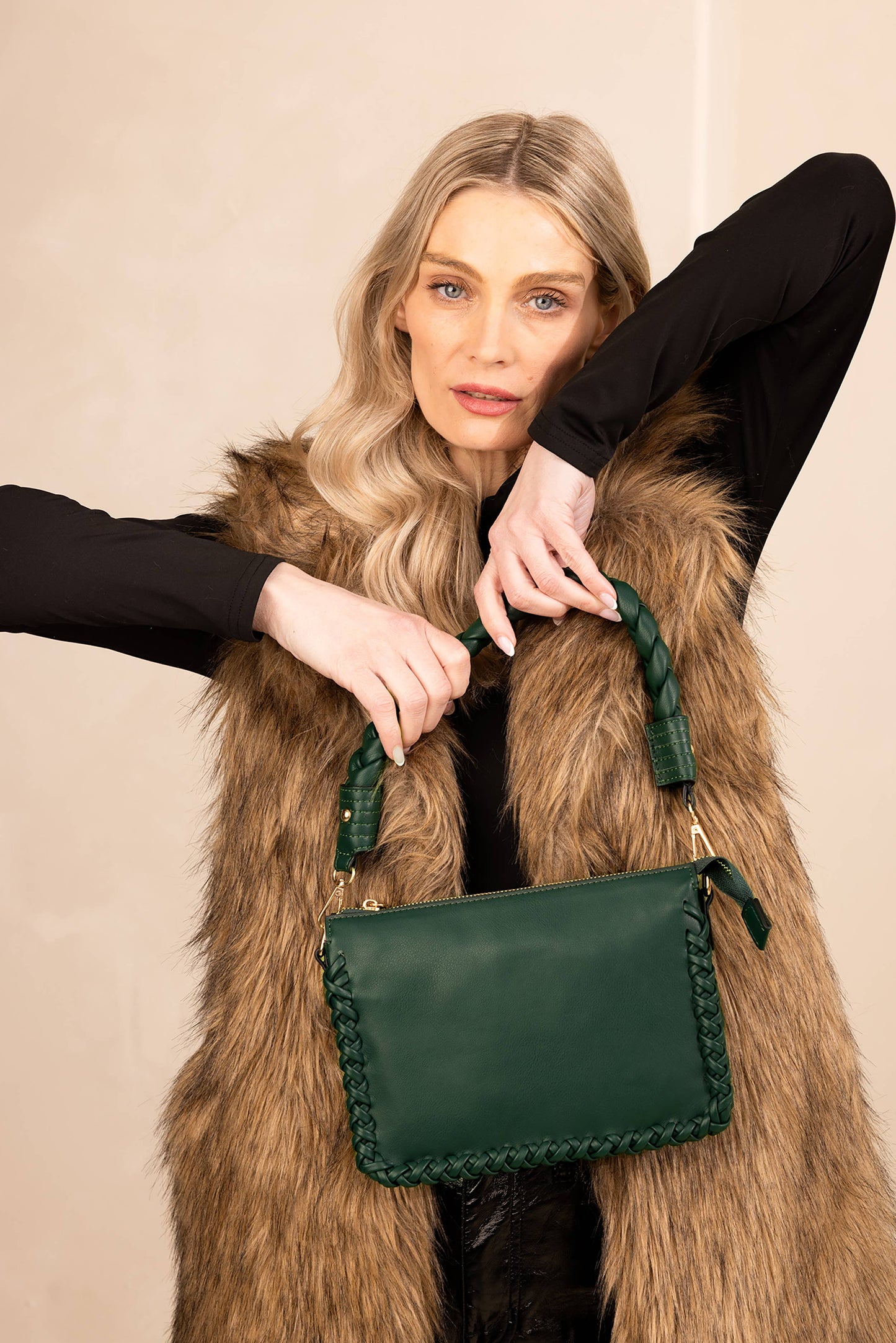 M Judith Whipstitch Trim Shoulder Bag w/ Braided Handle