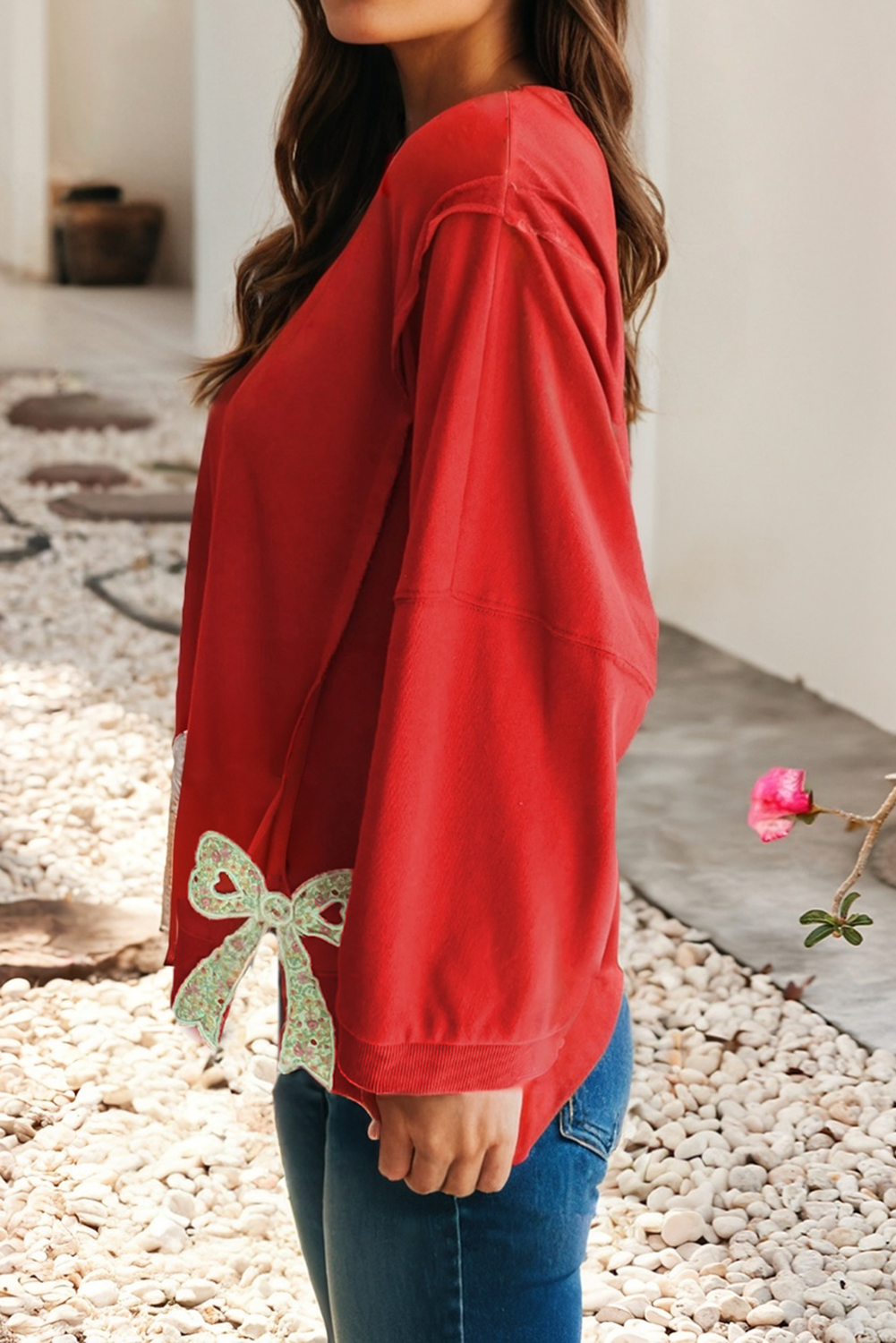 LDC Bow Patched Slit Exposed Seam Patchwork Baggy Sweatshirt