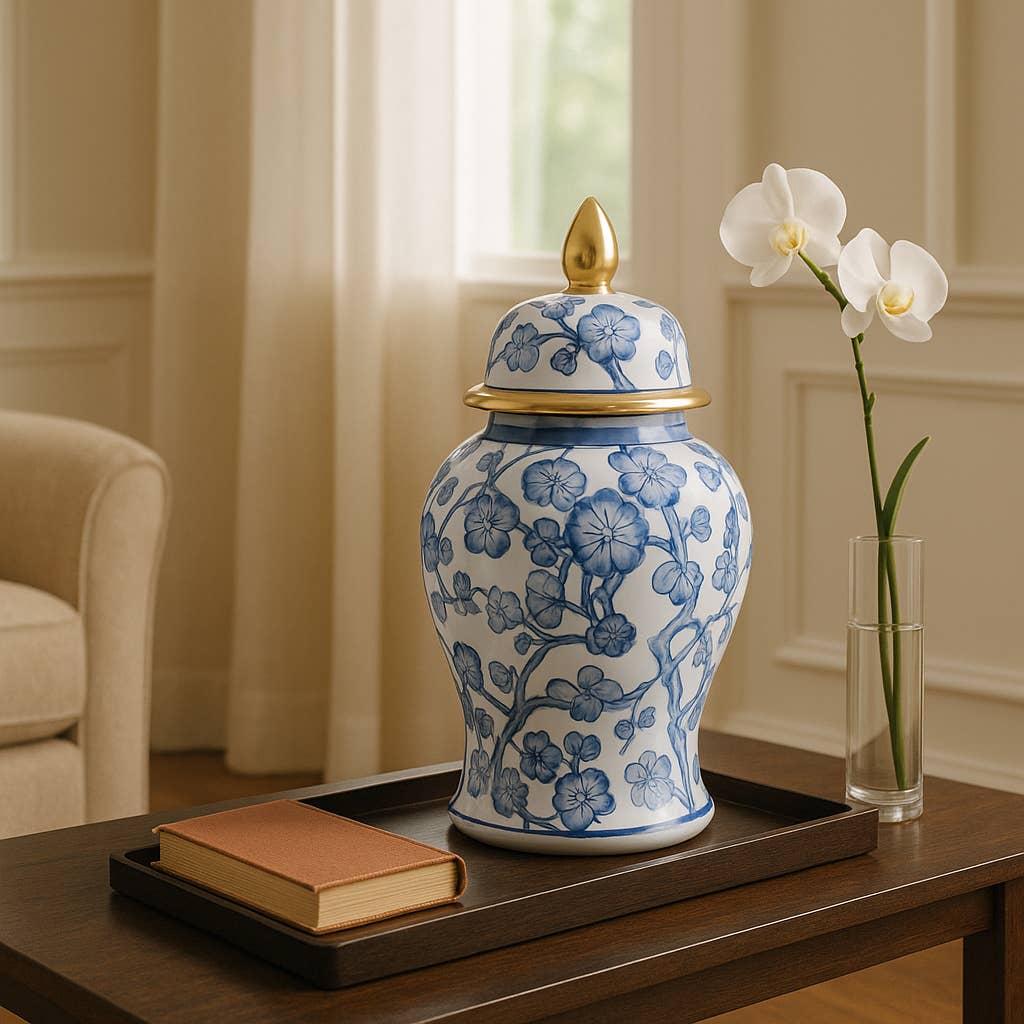 Decorative  Jar - Blue/White Ceramic Hibiscus Lidded, 15 in.