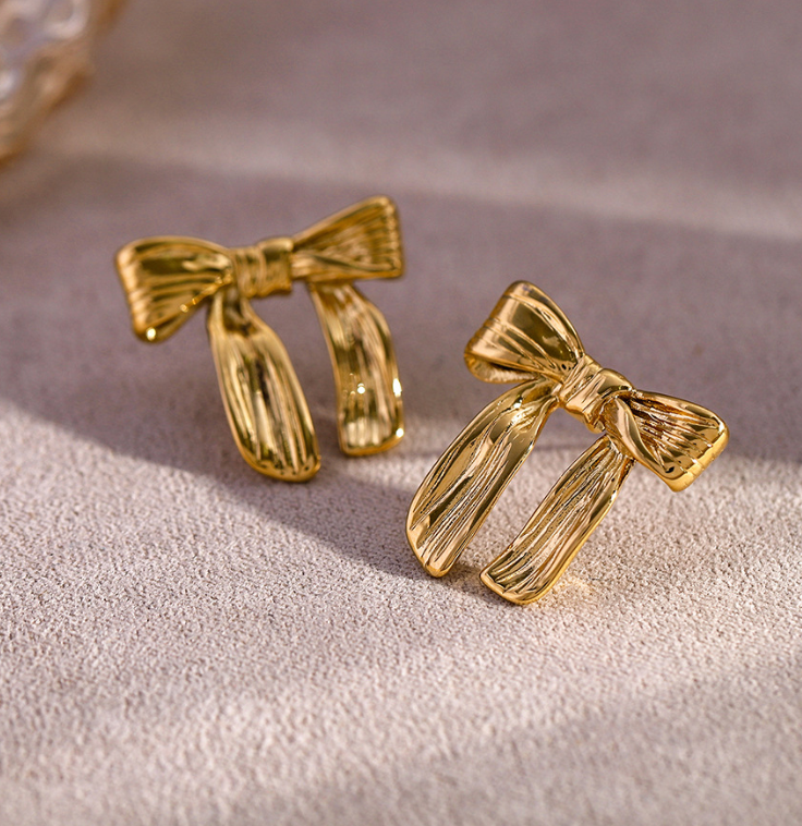 16K Gold Plated Hammered Stainless Steel Bow Earrings