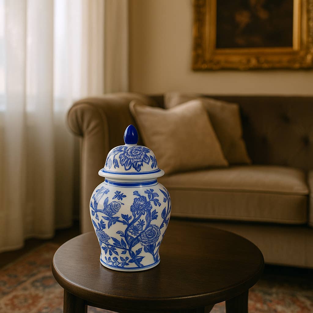 Decorative Jar - Blue Ceramic Chinoiserie Bird/Flower, 11 in