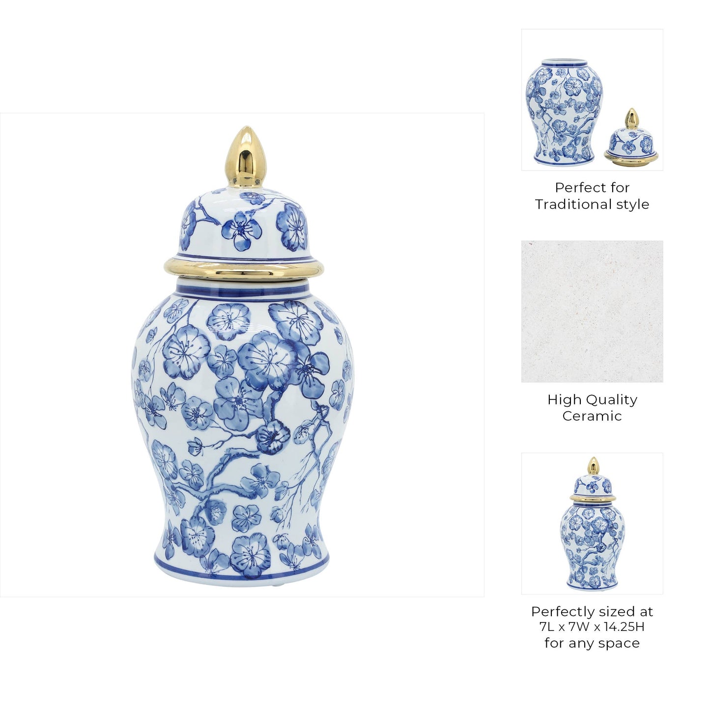 Decorative  Jar - Blue/White Ceramic Hibiscus Lidded, 15 in.