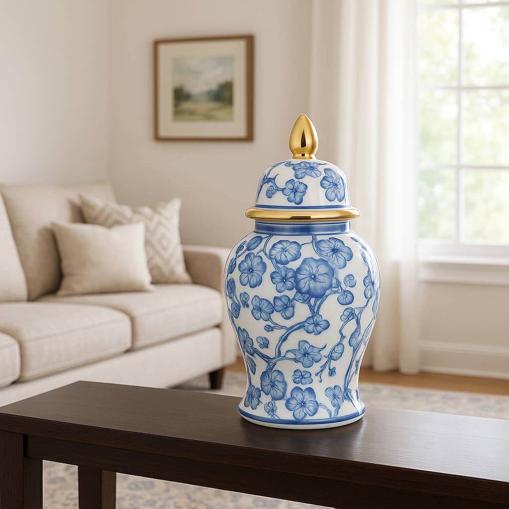 Decorative  Jar - Blue/White Ceramic Hibiscus Lidded, 15 in.