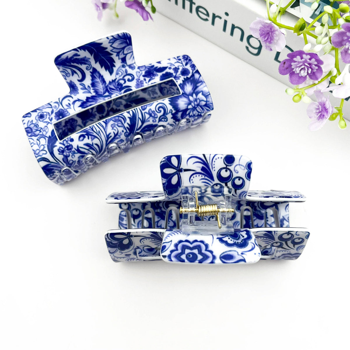 Blue & White Porcelain Pattern Rectangular Hair Claw Clip