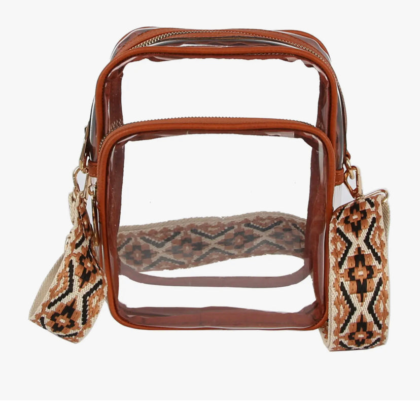 Brown Guitar Strap Clear Mini Crossbody Bag